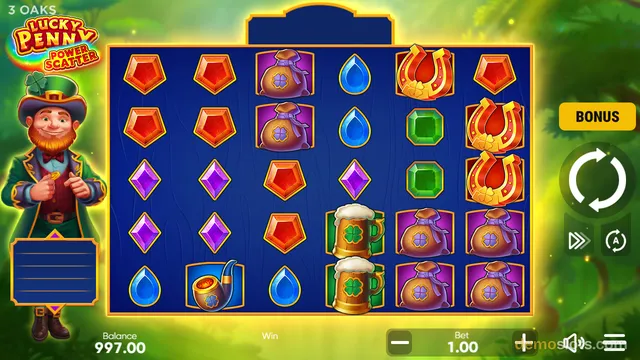 A slot game grid with various symbols including gems, bags of coins, horseshoes, and beer mugs, with a leprechaun character standing on the left side.