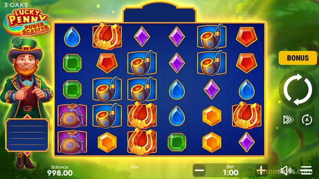 A settled 6-reel slot game grid with a leprechaun character on the left, showing various gem and Irish-themed symbols.