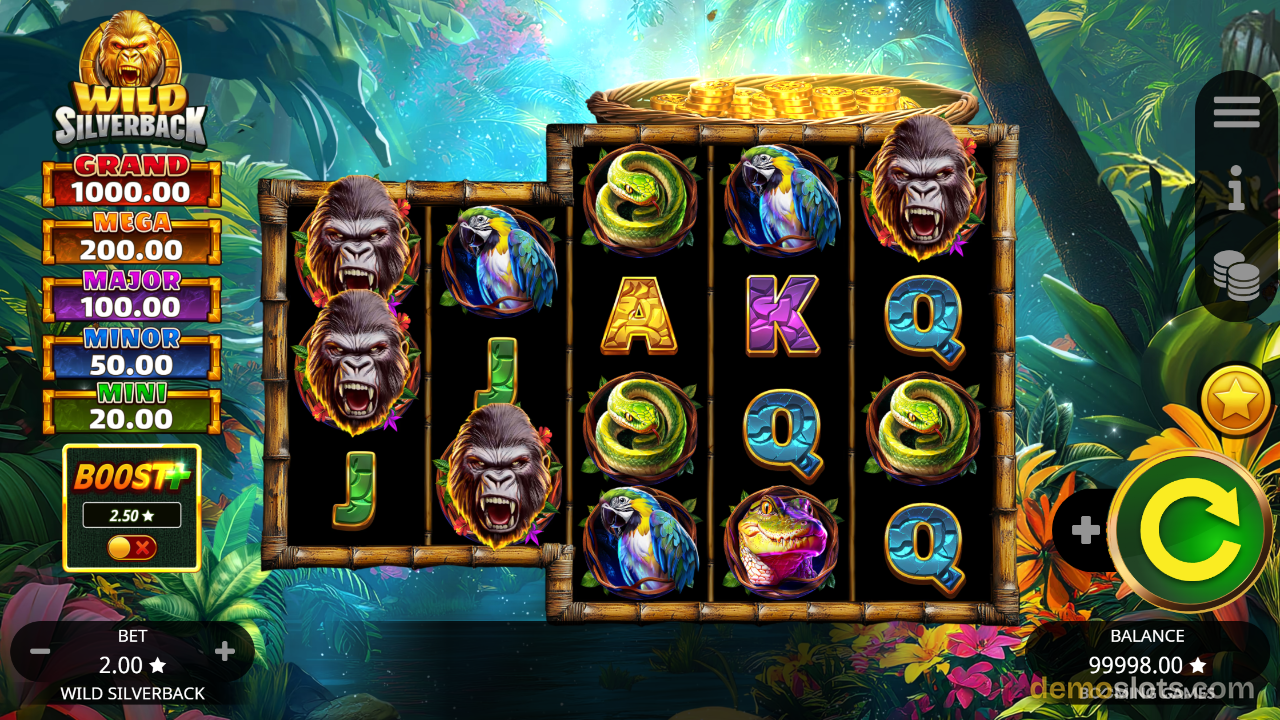 Wild Silverback base game showing a 5x3 reel grid with silverback gorilla and parrot premium symbols.