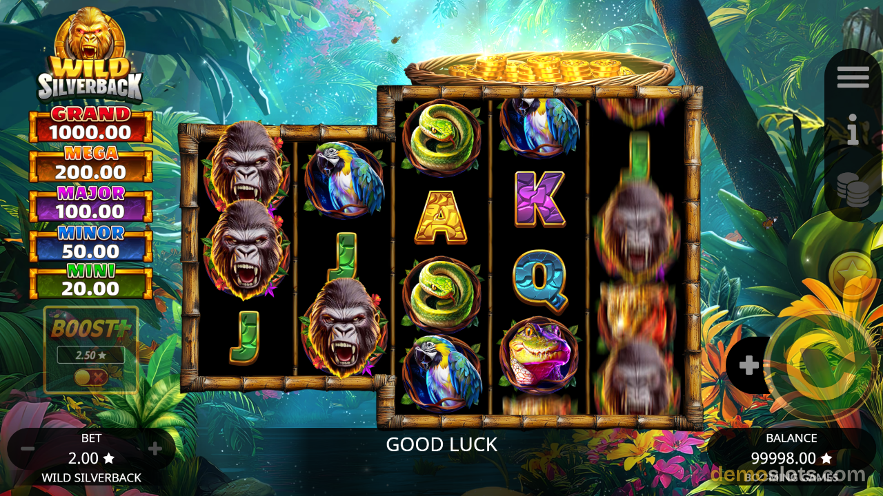 Wild Silverback with motion blur effect on the rightmost reel column and 'GOOD LUCK' message displayed.