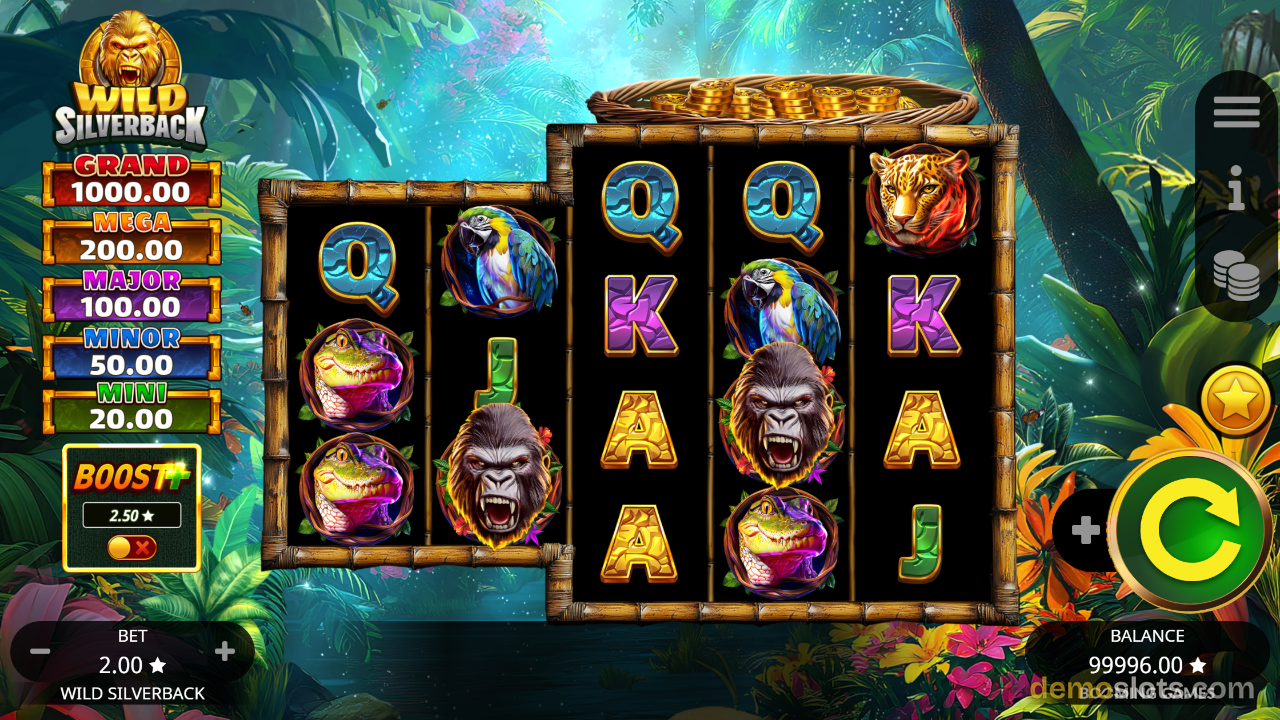 Wild Silverback gameplay with crocodile symbol and multiple bird/parrot representations across the reels.