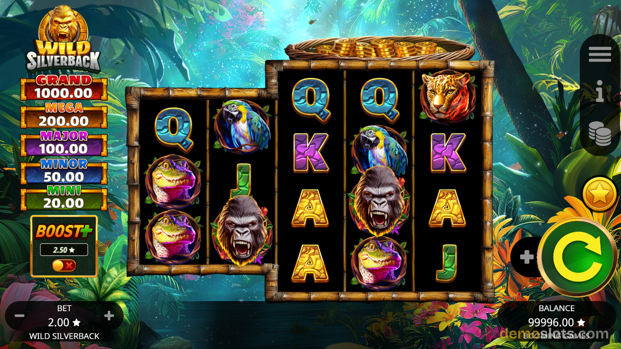 Wild Silverback base game with crocodile symbol stack and multiple A symbols visible on the grid.