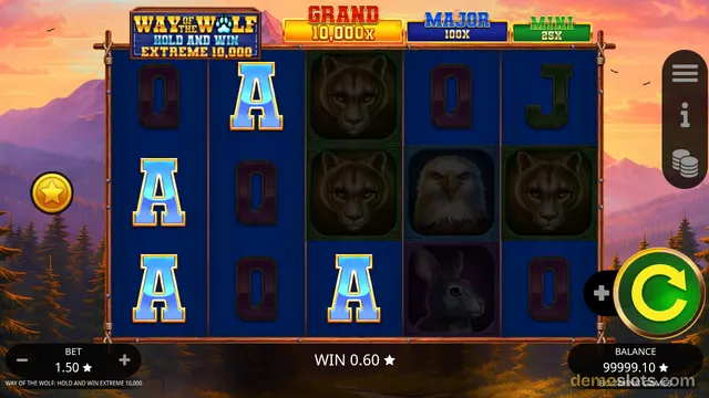 A 5x3 slot game grid showing letters and animal symbols with a mountain sunset background, with jackpot labels above and bet and balance displays below.