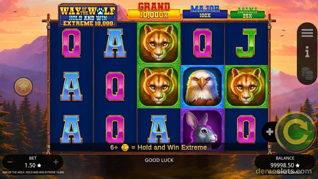 A 5x3 slot game grid showing the Way of the Wolf slot with various symbols on a dark blue background