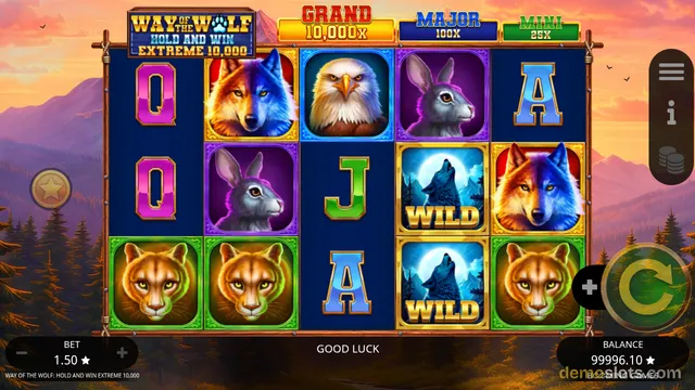 A slot game grid showing animal symbols like wolves, eagles, rabbits, and cougars, with jackpot values displayed at the top.