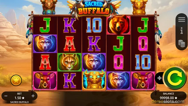 A 5x4 video slot grid titled Sacred Buffalo displays animal symbols and card values against a desert landscape background.