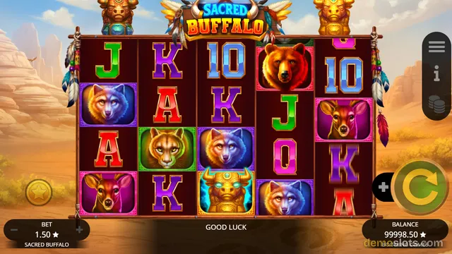A 5-reel slot game titled Sacred Buffalo displays a settled grid of animal and letter symbols against a desert background.