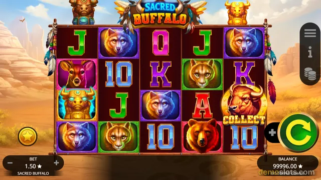 A brightly lit screenshot of the 'Sacred Buffalo' slot game showing a 5x4 grid of animal and card symbols over a desert landscape background.