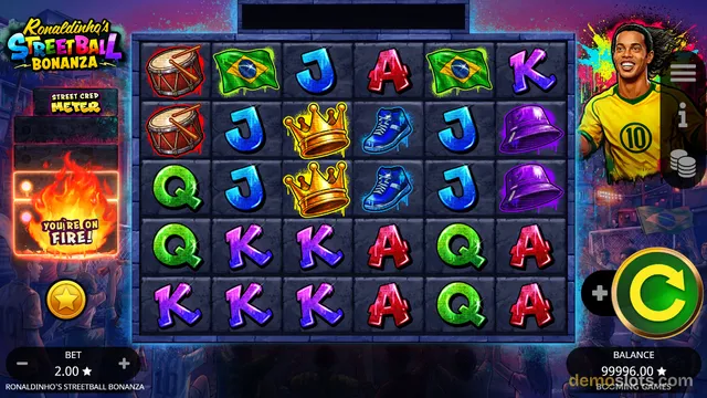 A 6-reel slot grid with symbols including drums, Brazil flags, crowns, sneakers, bucket hats, and playing card letters A, K, Q, and J, with a character portrait on the right and a 'YOU'RE ON FIRE!' meter on the left, set against a graffiti-style background.