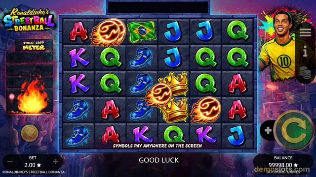 A 6x5 grid of slot symbols including fiery soccer balls, Brazilian flags, blue sneakers, a golden crown, and playing card letters A, K, Q, J, with a character portrait on the right.