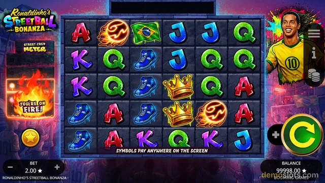A 6x5 slot game grid titled Ronaldinho's Streetball Bonanza shows various symbols including a flaming soccer ball, Brazilian flag, blue sneakers, and a crown.