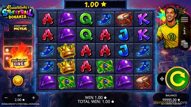 A 6-reel, 4-row slot game titled Ronaldinho's Streetball Bonanza shows a fully rendered base game with a win of 1.00, featuring a Brazilian-themed symbol set and a character portrait on the right.
