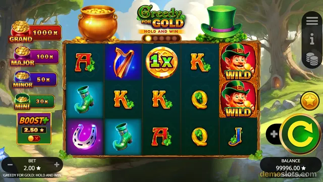 A 5-reel slot game titled Greedy for Gold Hold and Win displaying a settled grid of symbols including leprechauns, harps, and horseshoes against a forest background.
