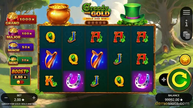 A fully rendered screen of the Greedy for Gold slot game showing a 5x3 grid of symbols including letters, harps, and horseshoes.