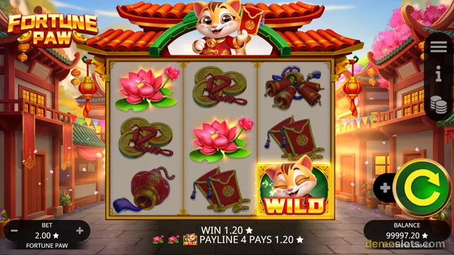 A 3x3 slot game titled Fortune Paw shows a win of 1.20 on payline 4, with a balance of 99997.20 and bet 2.00, set against a Chinese temple town background with a smiling cat mascot above the reels.