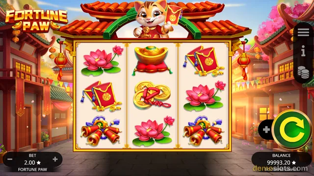 A 3x3 slot game grid shows lotus flowers, gold coins, red envelopes, and firecrackers, with a cartoon cat character at the top.