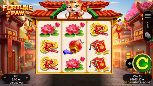 A 3x3 slot game titled Fortune Paw shows a bright Asian-themed street scene with a cat mascot above a reel grid containing lotus flowers, coins, and red envelopes.