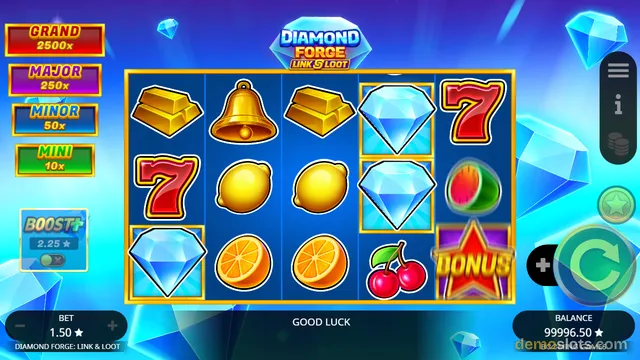 A 5x3 slot grid displays a mix of symbols including gold bars, bells, lemons, and diamonds against a blue background with floating gemstones.