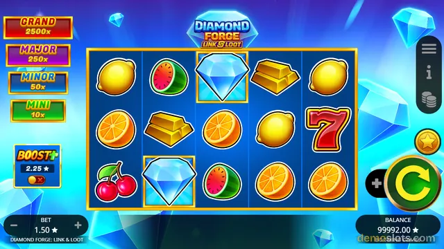 A brightly lit screenshot of a slot machine game featuring a 5x3 grid with diamond, fruit, and gold bar symbols against a blue background.