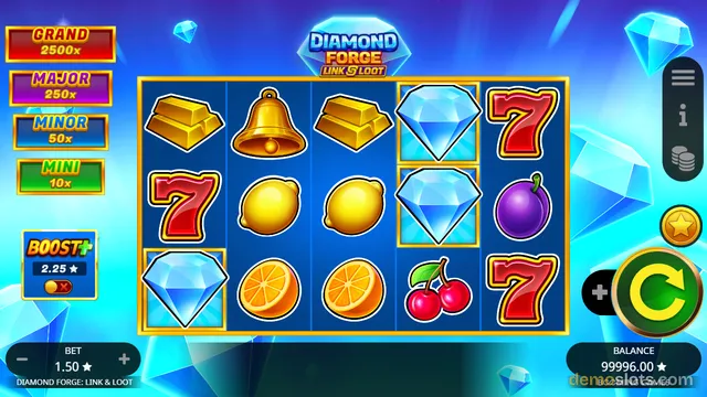 A brightly rendered slot machine grid from the game Diamond Forge: Link & Loot, featuring symbols like diamonds, gold bars, and fruit against a blue crystalline background.