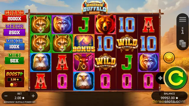 A slot game grid with animal symbols and card letters on a red background, with jackpot labels on the left and spin controls on the right.