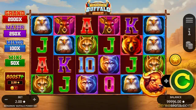 A 6-reel slot game titled Berserkin' Buffalo Power Hit shows a fully rendered grid with animal symbols and card letters, with jackpot labels on the left and spin controls on the right.