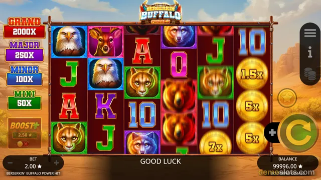 A settled base game of Berserkin' Buffalo Power Hit shows a 6-reel grid with animal symbols and gold coin multipliers, with jackpot labels on the left and bet/balance controls at the bottom.