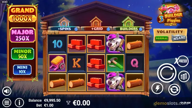 A 5x3 slot game grid titled 3 Builder Piggies shows symbols like logs, bricks, and pigs, with jackpot labels and a volatility panel beside it.
