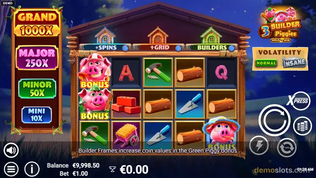 A slot game titled 3 Builder Piggies shows a 5x4 reel grid with piggy bonus symbols, letters, and building tools, with jackpot values on the left and a volatility selector on the right.