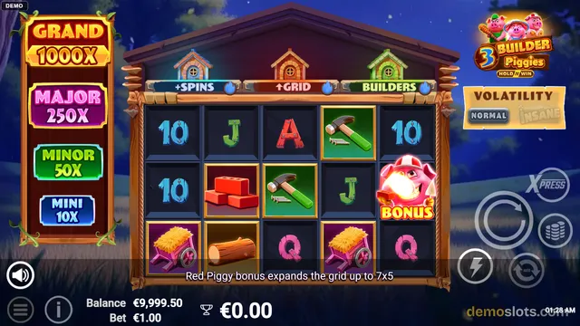 A 5x3 slot grid titled 3 Builder Piggies shows a settled base game with symbols including a red piggy bonus, hammer, bricks, log, hay cart, and card suits.