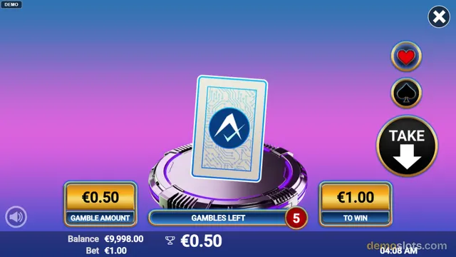 A gamble feature screen displays a single face-down card on a metallic pedestal with buttons to accept or decline the gamble.