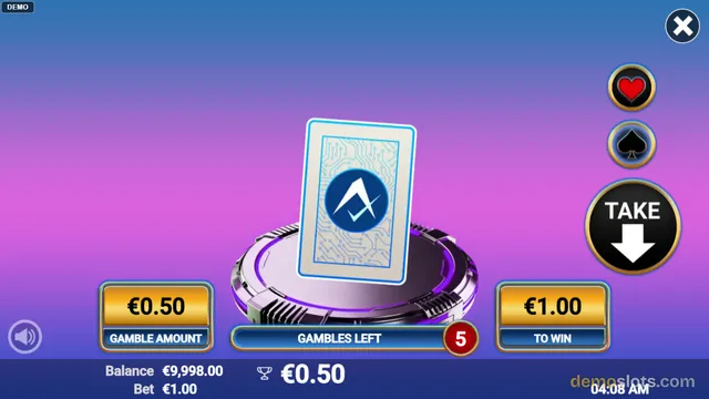 A gambling mini-game screen displays a face-down card on a circular platform with two betting options and a 'Take' button.