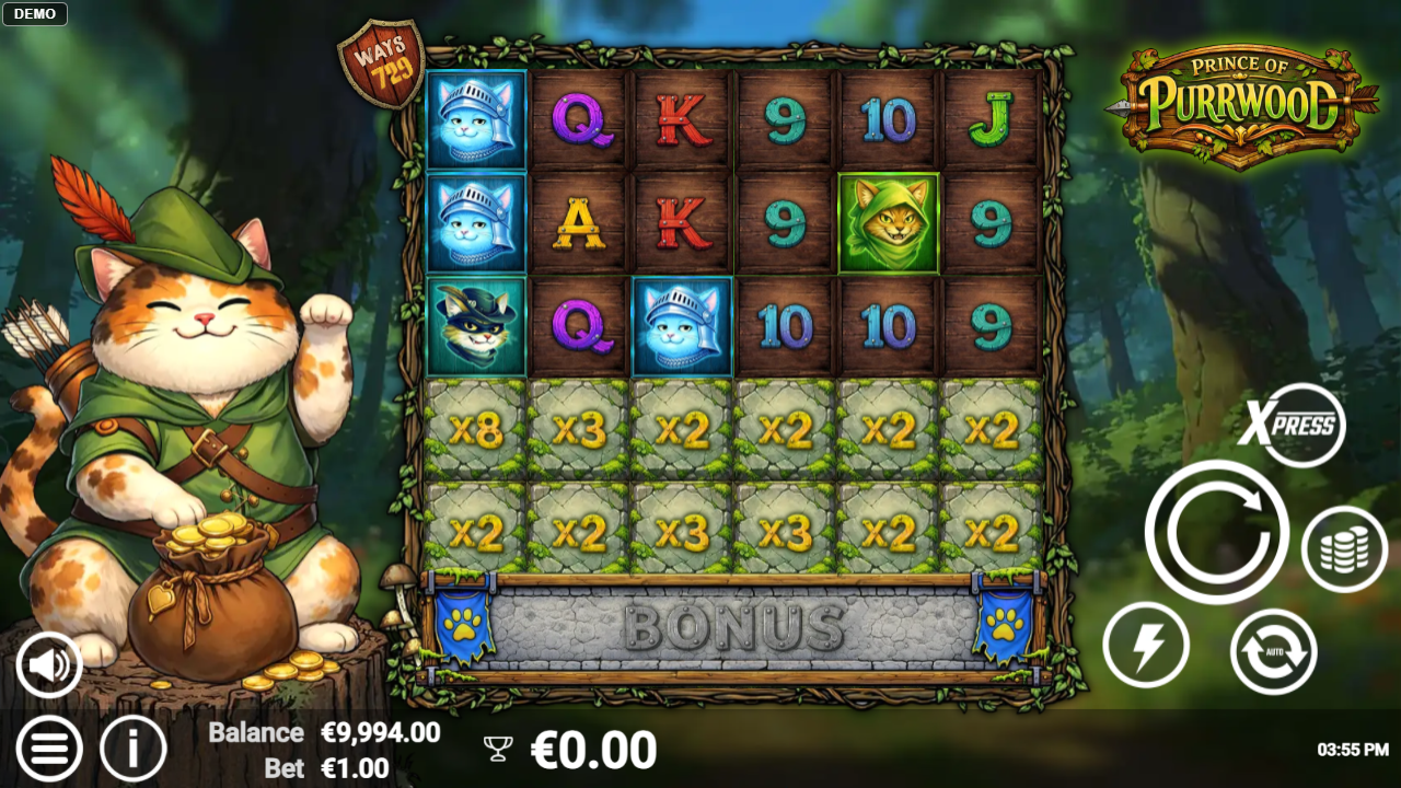 A slot game titled Prince of Purrwood shows a 6-reel grid with a top section of symbols and a bottom section of multiplier values, alongside a cartoon cat mascot.