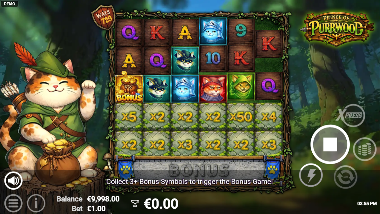A slot game titled Prince of Purrwood shows a 6x6 grid with a bonus area at the bottom, featuring a cartoon cat archer character on the left and various cat symbols on the reels.