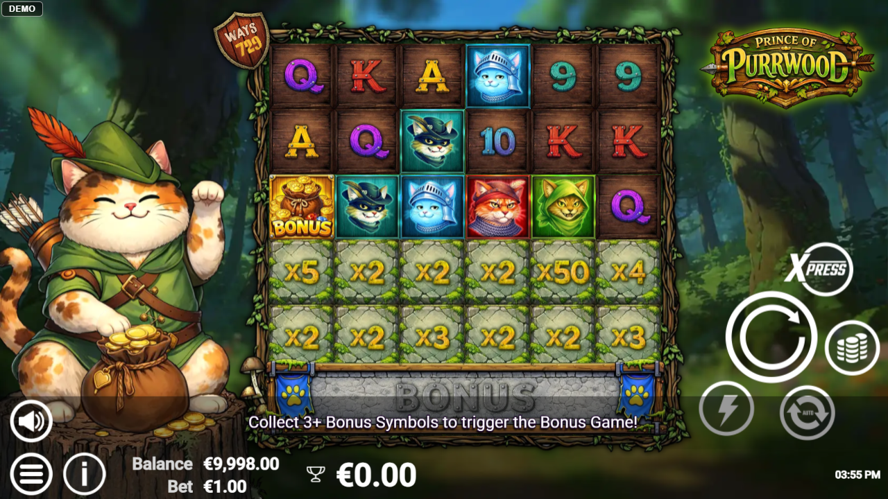 A slot game titled Prince of Purrwood shows a 5x6 grid with a cat mascot on the left and a bonus multiplier grid below the main symbols.