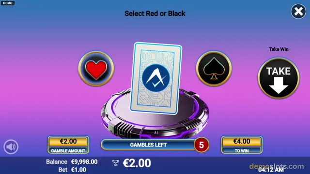 A slot game bonus round screen displaying a card flip mechanic with a prompt to choose between a red heart and a black spade.