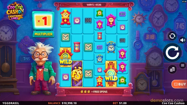 A slot game titled Coo Coo Cashoo shows a grid of clocks and a cartoon grandpa character on a blue background.