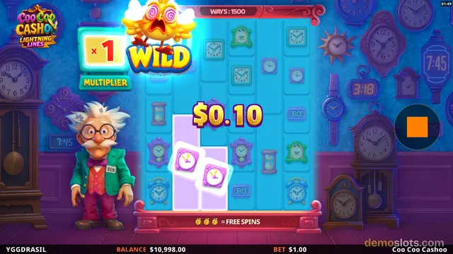 Slot game reels show a $0.10 win with a wild bird symbol and a grandfather clock character on a blue background.