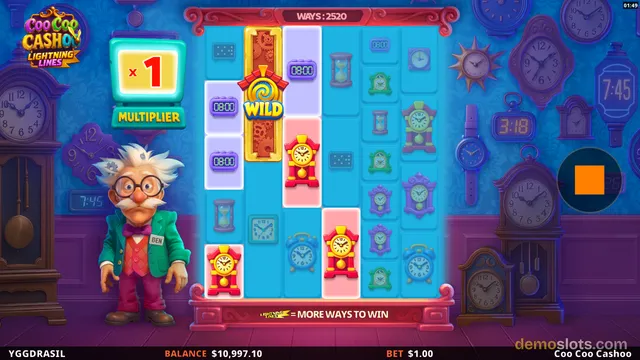A slot game called Coo Coo Cashoo shows a grid of colorful clock symbols with a wild symbol, a multiplier display, and a cartoon character named Ben standing on the left, with a balance and bet shown at the bottom.