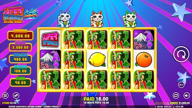 A colorful slot machine game grid displaying a winning combination of green J symbols with a Samurai character, set against a purple and blue starry background.