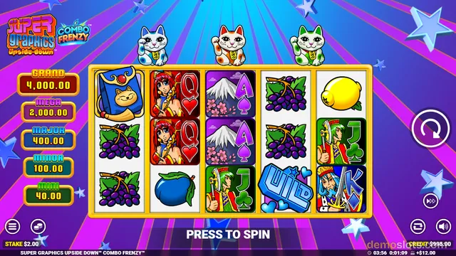 A slot game interface showing a 5x3 grid of symbols with Japanese-themed graphics, including lucky cats, Mount Fuji, and playing cards, against a purple and blue starburst background.