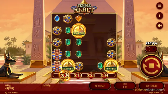 A fully rendered screenshot of the Temple of Akhet slot game featuring a 5x4 grid of symbols set against a desert temple background.