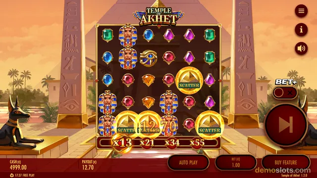 A settled grid of 6 reels and 5 rows displaying an Egyptian-themed slot game with a win of 12.70 credits.