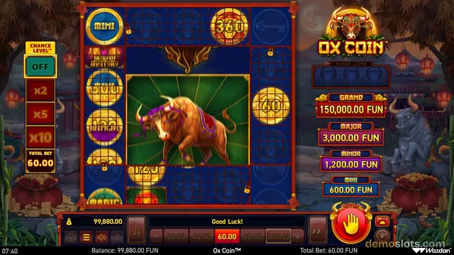 A brightly rendered slot game screen featuring a central ox symbol surrounded by a grid of gold coins on a dark blue background with a red frame.
