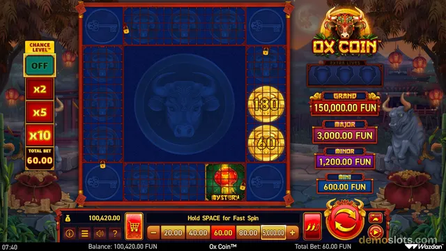 A screenshot of the Ox Coin slot game featuring a dark blue grid with a central ox head, gold coins, and a red lantern, surrounded by Asian-themed art and bet controls.