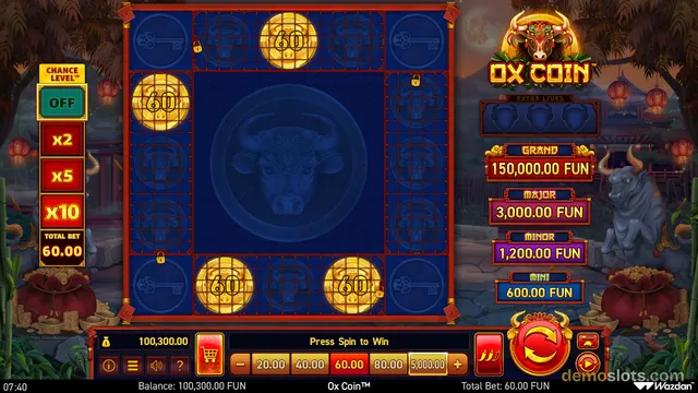 A fully rendered screen of the Ox Coin slot game showing a large grid of 60 symbols, a bull head in the center, and a paytable for jackpot levels on the right.