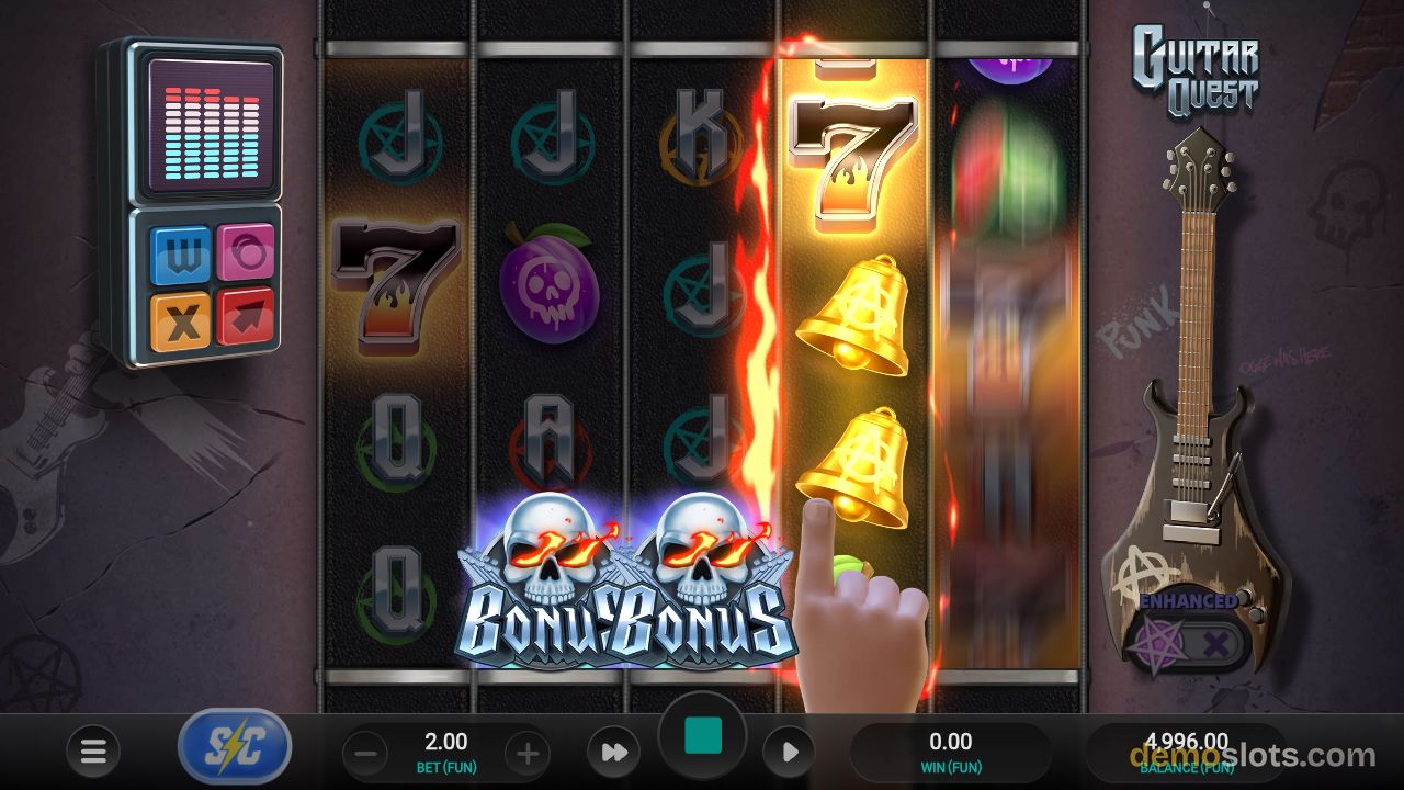 Bonus round state with animated reels showing glowing bonus symbols and lighting effects.