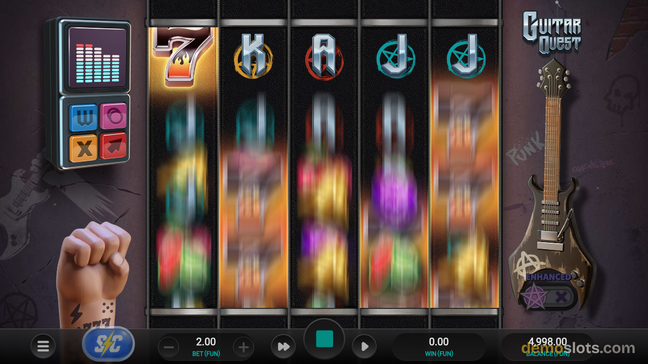 Reels in spinning motion showing colorful blurred symbols during spin animation in Guitar Quest.