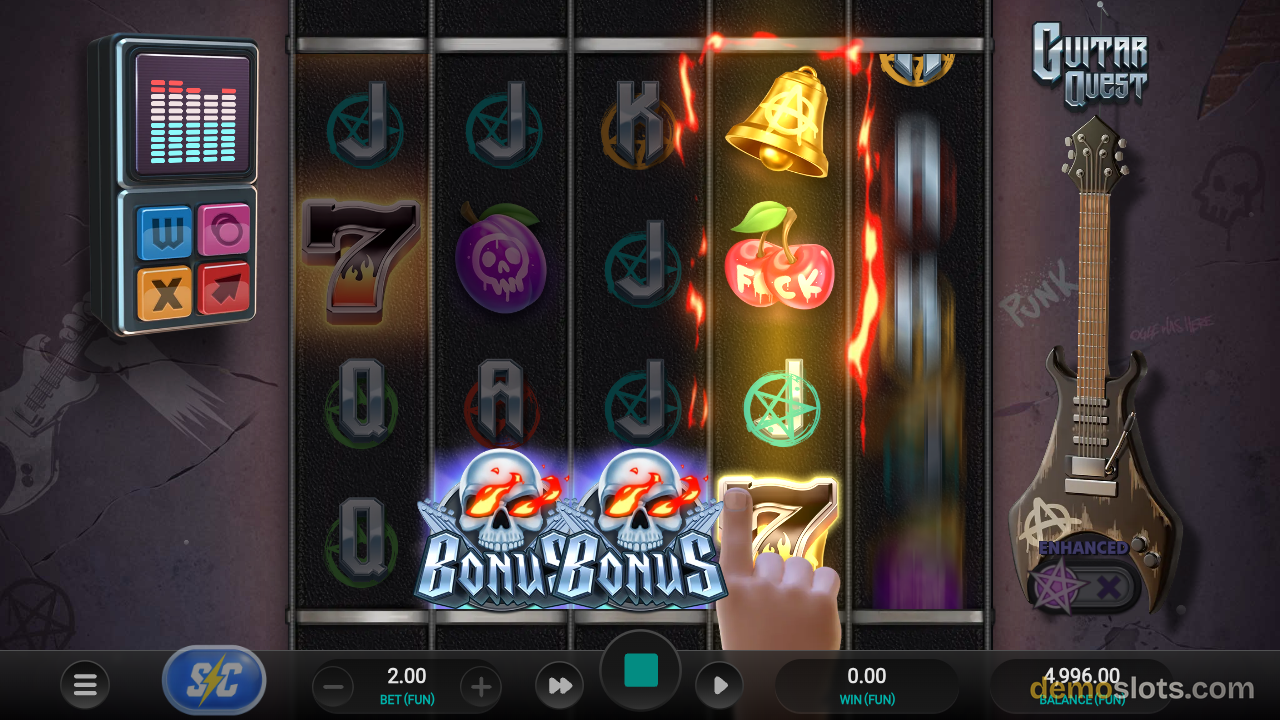Bonus feature activated showing animated reels with glowing effects and BONUS text overlay in Guitar Quest.