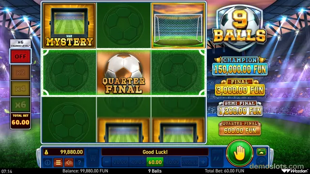 A screenshot of the '9 Balls' slot game showing a 3x3 grid of soccer-themed symbols on a green field background with a stadium backdrop.